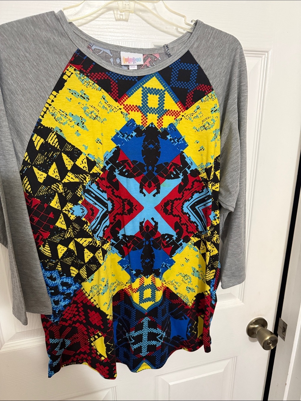 LuLaRoe Kids Grey Raglan Tee with Bright Geometric Print